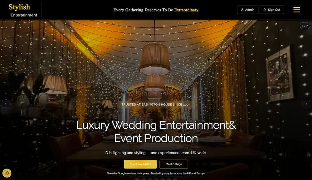Stylish Entertainment website homepage — events and weddings in Somerset