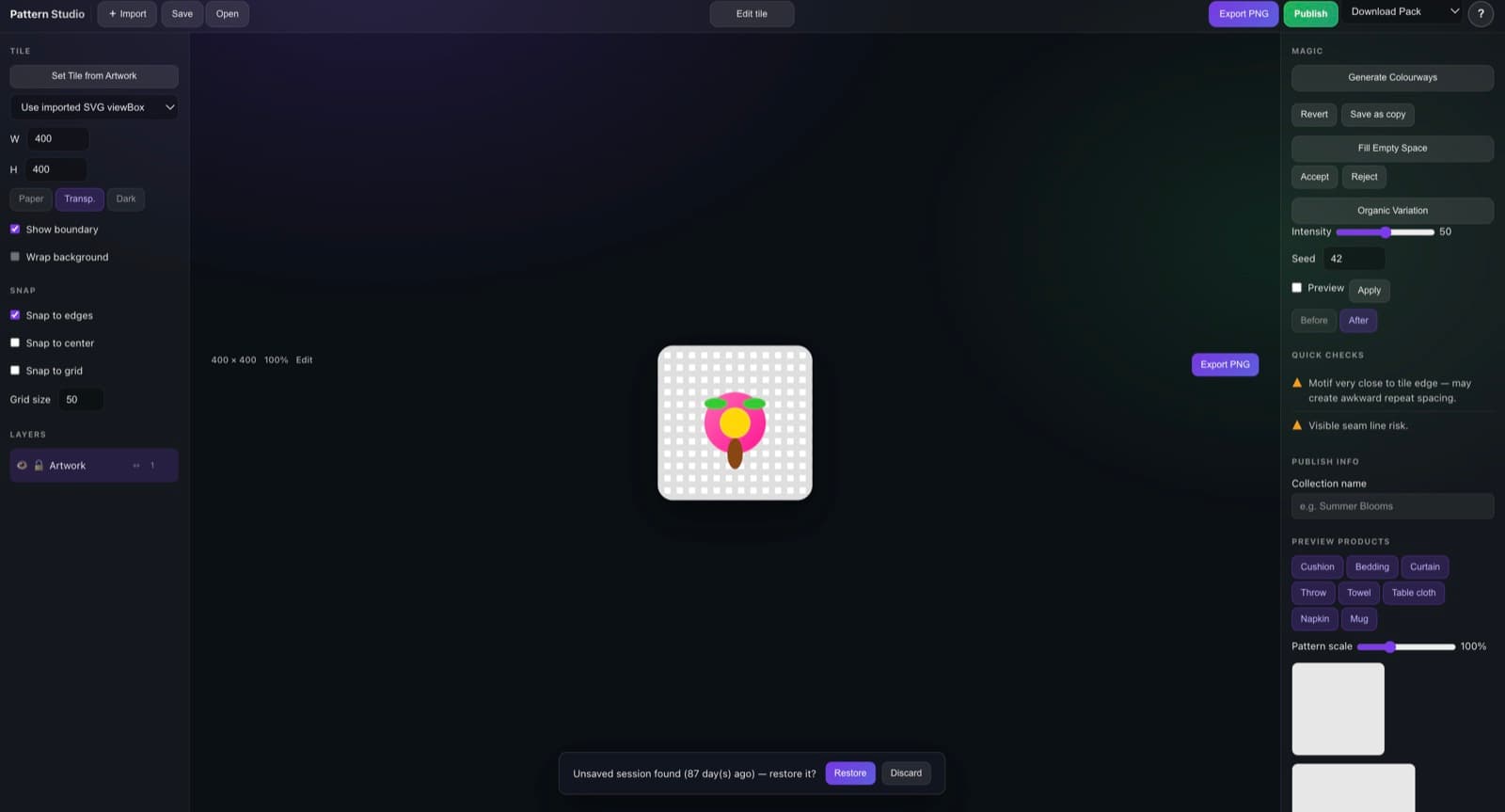 Pattern Repeat Studio — fabric pattern tile editor with colourways and product mockups